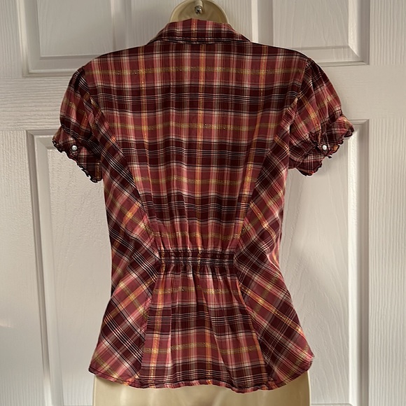 Guess Cute Plaid Button Down Ruffled Short Sleeve Shirt Top Size S - Picture 2 of 5
